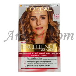 کیت رنگ مو لورال پاریس رنگ قهوه ای روشن طلایی شماره 6.32 | LOREAL PARIS Excellence Creme 